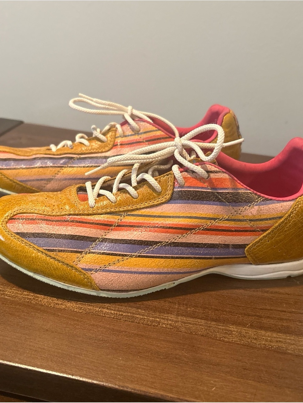ONE OF A KIND FILAS leather Women’s Striped Casual Sneakers in Mustard and Pink